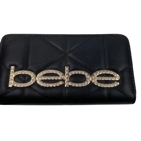 Bebe Black Quilted Wristlet Wallet With Gold Rhinestone Logo Zip Closure & Strap - Picture 3 of 11
